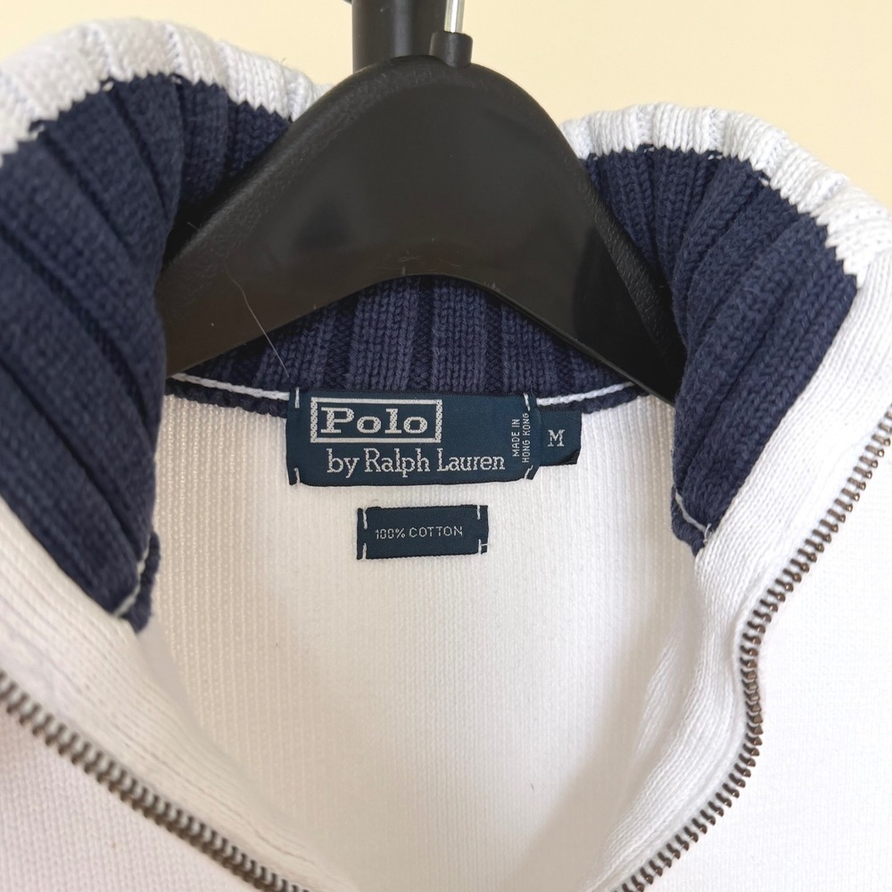 90's Polo Ralph Lauren White Cotton Quarter Zip Custom American Flag Sweater M - Picture 3 of 7